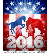 Vector Illustration of a Silhouetted Political Aggressive Democratic Donkey or Horse and Republican Elephant Battling over an American Flag and Burst by AtStockIllustration