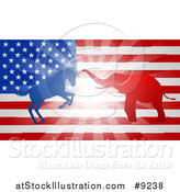 Vector Illustration of a Silhouetted Political Aggressive Democratic Donkey or Horse and Republican Elephant Battling over an American Flag and Burst by AtStockIllustration