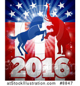 Vector Illustration of a Silhouetted Political Aggressive Democratic Donkey or Horse and Republican Elephant Fighting over a 2016 American Flag and Burst by AtStockIllustration