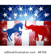 Vector Illustration of a Silhouetted Political Aggressive Democratic Donkey or Horse and Republican Elephant Fighting over an American Flag and Burst by AtStockIllustration