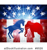 Vector Illustration of a Silhouetted Political Democratic Donkey or Horse and Republican Elephant Fighting over an American Design and Burst by AtStockIllustration