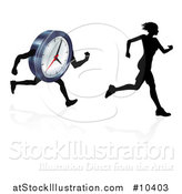 Vector Illustration of a Silhouetted Woman Sprinting Before a Clock Character by AtStockIllustration