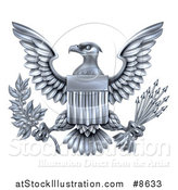 Vector Illustration of a Silver Great Seal of the United States Bald Eagle with an American Flag Shield, Holding an Olive Branch and Arrows by AtStockIllustration