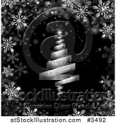 Vector Illustration of a Silver Merry Christmas Ribbon Tree on Black with Snowflakes by AtStockIllustration