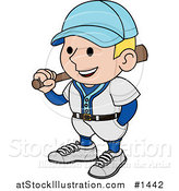 Vector Illustration of a Smiling Baseball Player Man in a Blue and White Uniform, Resting a Bat on His Shoulder by AtStockIllustration