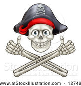 Vector Illustration of a Smiling Pirate Skull with Cross Bones Jolly Roger Giving Thumbs up Hand Gesture by AtStockIllustration