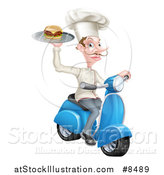 Vector Illustration of a Snooty White Male Chef with a Curling Mustache, Holding a Gourmet Cheeseburger on a Tray and Driving a Scooter by AtStockIllustration