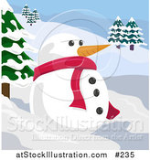 Vector Illustration of a Snowman with a Carrot Nose in a Winter Landscape by AtStockIllustration