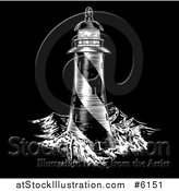 Vector Illustration of a Spiral Lighthouse Engraved on Black by AtStockIllustration