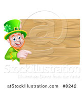 Vector Illustration of a St Patricks Day Leprechaun Pointing Around a Wooden Sign by AtStockIllustration