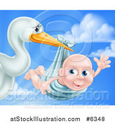 Vector Illustration of a Stork Bird Holding a Baby Boy in a Bundle Against a Cloudy Blue Sky by AtStockIllustration