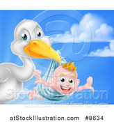 Vector Illustration of a Stork Bird Holding a Happy Baby Boy in a Blue Bundle Against Sky by AtStockIllustration