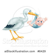 Vector Illustration of a Stork Bird Holding a Happy Baby Boy in a Blue Bundle by AtStockIllustration