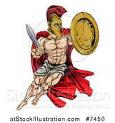 Vector Illustration of a Strong Spartan Trojan Warrior Mascot Wearing a Cape, Jumping with a Sword and Shield by AtStockIllustration