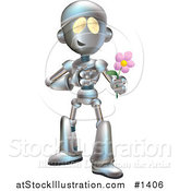 Vector Illustration of a Sweet Metallic Robot Character Giving a Pink Flower to His Love by AtStockIllustration