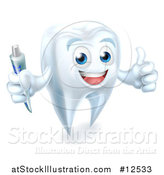 Vector Illustration of a Tooth Mascot Character Holding a Toothbrush and Giving a Thumb up by AtStockIllustration