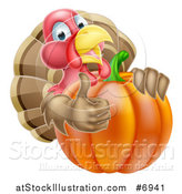 Vector Illustration of a Turkey Bird Giving a Thumb up and Looking Around a Thanksgiving Pumpkin by AtStockIllustration