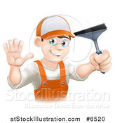 Vector Illustration of a Waving Brunette Caucasian Window Cleaner Man in Orange Overalls, Holding a Squeegee by AtStockIllustration