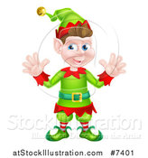 Vector Illustration of a Welcoming Young Brunette White Male Christmas Elf Waving with Both Hands by AtStockIllustration