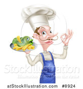 Vector Illustration of a White Male Chef with a Curling Mustache, Gesturing Ok and Holding a Fish and Chips on a Tray by AtStockIllustration