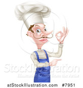 Vector Illustration of a White Male Chef with a Curling Mustache, Gesturing Ok and Pointing by AtStockIllustration