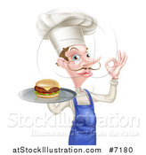 Vector Illustration of a White Male Chef with a Curling Mustache, Holding a Cheeseburger on a Platter and Gesturing Okay by AtStockIllustration
