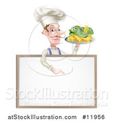 Vector Illustration of a White Male Chef with a Curling Mustache, Holding a Fish and Chips on a Tray and Pointing down over a Menu by AtStockIllustration
