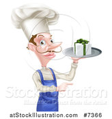 Vector Illustration of a White Male Chef with a Curling Mustache, Holding a Gift on a Platter and Pointing by AtStockIllustration