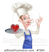 Vector Illustration of a White Male Chef with a Curling Mustache, Holding a Heart on a Tray and Gesturing Ok by AtStockIllustration