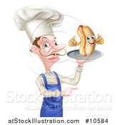 Vector Illustration of a White Male Chef with a Curling Mustache, Holding a Hot Dog Character on a Platter and Pointing by AtStockIllustration