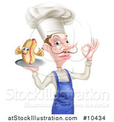 Vector Illustration of a White Male Chef with a Curling Mustache, Holding a Hot Dog Mascot on a Platter, and Gesturing Ok by AtStockIllustration