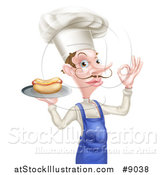 Vector Illustration of a White Male Chef with a Curling Mustache, Holding a Hot Dog on a Platter and Gesturing Ok by AtStockIllustration