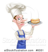 Vector Illustration of a White Male Chef with a Curling Mustache, Holding a Hot Dog on a Platter and Pointing by AtStockIllustration