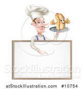 Vector Illustration of a White Male Chef with a Curling Mustache, Holding a Hot Dog on a Platter and Pointing down over a White Menu Board Sign by AtStockIllustration