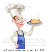 Vector Illustration of a White Male Chef with a Curling Mustache, Holding a Hot Dog on a Platter by AtStockIllustration