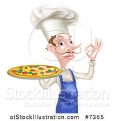 Vector Illustration of a White Male Chef with a Curling Mustache, Holding a Pizza and Gesturing Ok by AtStockIllustration