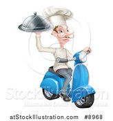 Vector Illustration of a White Male Chef with a Curling Mustache, Holding a Platter on a Delivery Scooter by AtStockIllustration