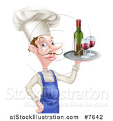 Vector Illustration of a White Male Chef with a Curling Mustache, Holding a Tray with Red Wine by AtStockIllustration