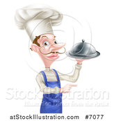 Vector Illustration of a White Male Chef with a Curling Mustache, Pointing and Holding a Cloche Platter by AtStockIllustration