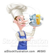 Vector Illustration of a White Male Chef with a Curling Mustache, Pointing and Holding a Fish and Chips on a Tray by AtStockIllustration