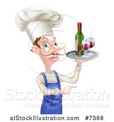 Vector Illustration of a White Male Chef with a Curling Mustache, Pointing and Holding a Tray with Red Wine by AtStockIllustration