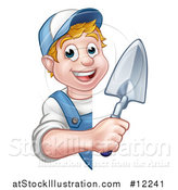 Vector Illustration of a White Male Mason Worker Holding a Trowel Around a Sign by AtStockIllustration