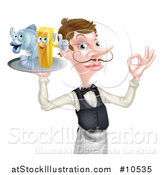 Vector Illustration of a White Male Waiter or Butler with a Curling Mustache, Holding Fish and a Chips on a Tray and Gesturing Ok by AtStockIllustration