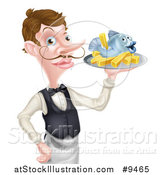 Vector Illustration of a White Male Waiter or Butler with a Curling Mustache, Holding Fish and a Chips on a Tray and Pointing by AtStockIllustration