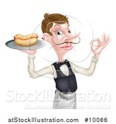 Vector Illustration of a White Male Waiter with a Curling Mustache, Holding a Hot Dog on a Platter and Gesturing Ok by AtStockIllustration