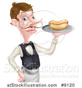 Vector Illustration of a White Male Waiter with a Curling Mustache, Holding a Hot Dog on a Platter by AtStockIllustration