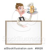 Vector Illustration of a White Male Waiter with a Curling Mustache, Holding a Hot Dog on a Platter over a Blank Menu Sign by AtStockIllustration