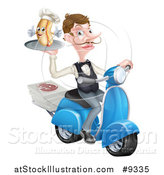 Vector Illustration of a White Male Waiter with a Curling Mustache, Holding a Hot Dog on a Scooter, with Pizza Boxes by AtStockIllustration