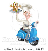 Vector Illustration of a White Male Waiter with a Curling Mustache, Holding a Souvlaki Kebab Sandwich Giving Thumbs up and Riding a Scooter by AtStockIllustration