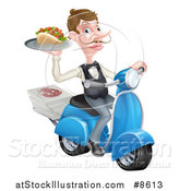 Vector Illustration of a White Male Waiter with a Curling Mustache, Holding a Souvlaki Kebab Sandwich on a Scooter by AtStockIllustration